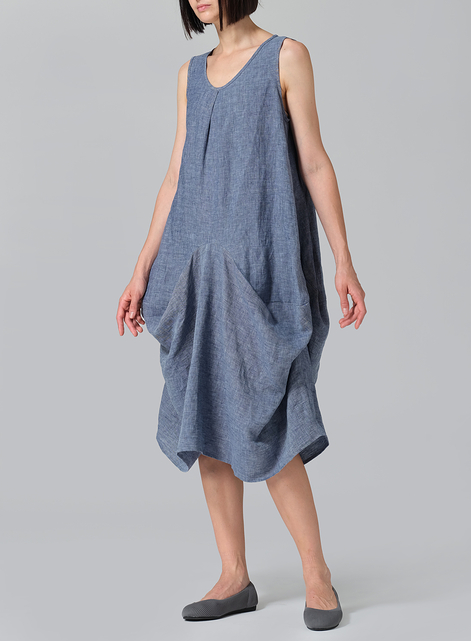 Linen Sleeveless Draped Dress