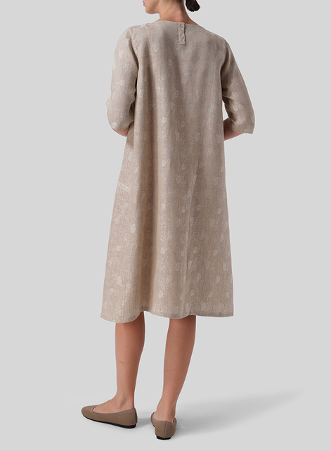 Linen Jacquard Long Center Pleated Dress