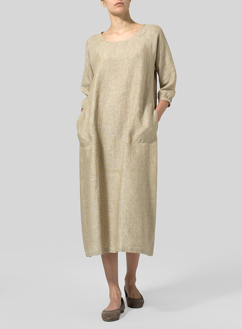 Linen Elbow Sleeve Long Dress Plus Size