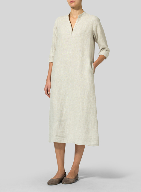 Linen V-neck Mandarin Collar Dress Tunic