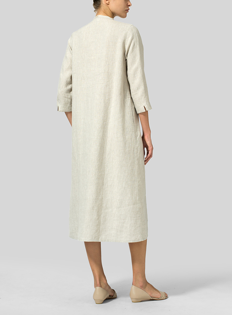 Linen V-neck Mandarin Collar Dress Tunic