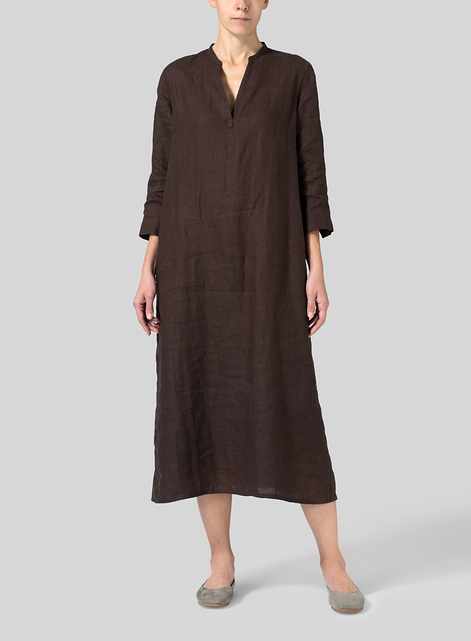 Linen V-neck Mandarin Collar Dress Tunic