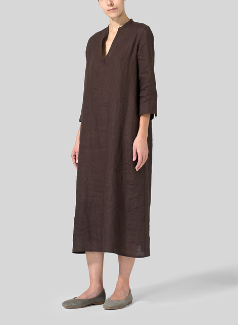 Linen V-neck Mandarin Collar Dress Tunic