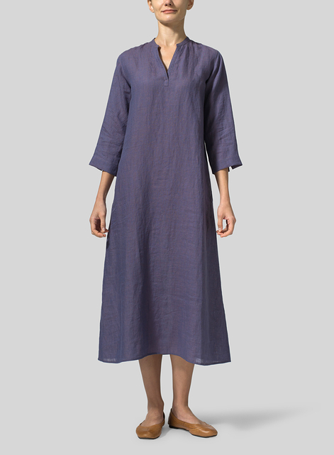 Linen V-neck Mandarin Collar Dress Tunic