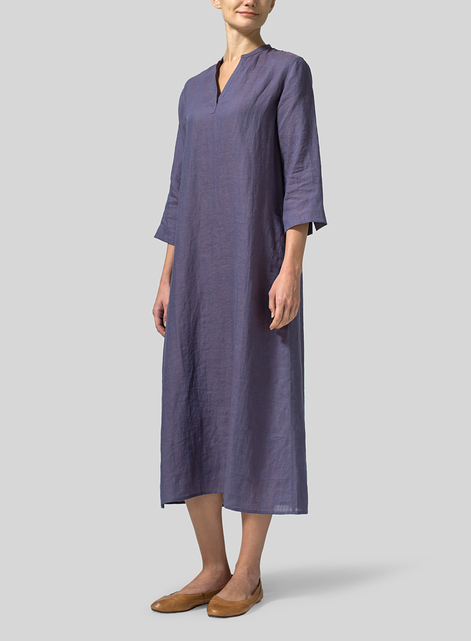 Linen V-neck Mandarin Collar Dress Tunic