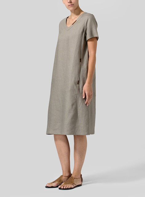 Heavy Linen Short-Sleeve Heart-Neck Dress