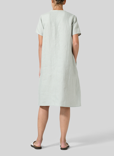 Heavy Linen Short-Sleeve Heart-Neck Dress