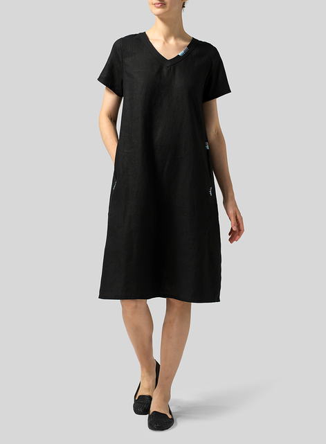 Heavy Linen Short-Sleeve Heart-Neck Dress