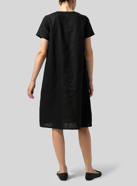 Heavy Linen Short-Sleeve Heart-Neck Dress