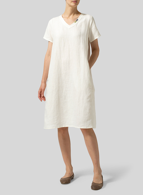 Heavy Linen Short-Sleeve Heart-Neck Dress