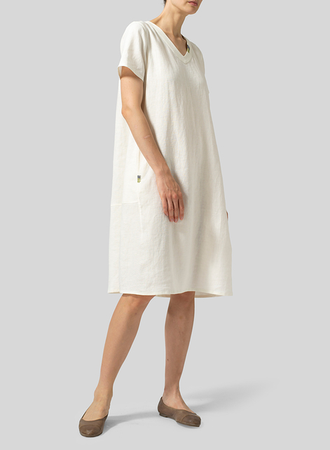 Heavy Linen Short-Sleeve Heart-Neck Dress