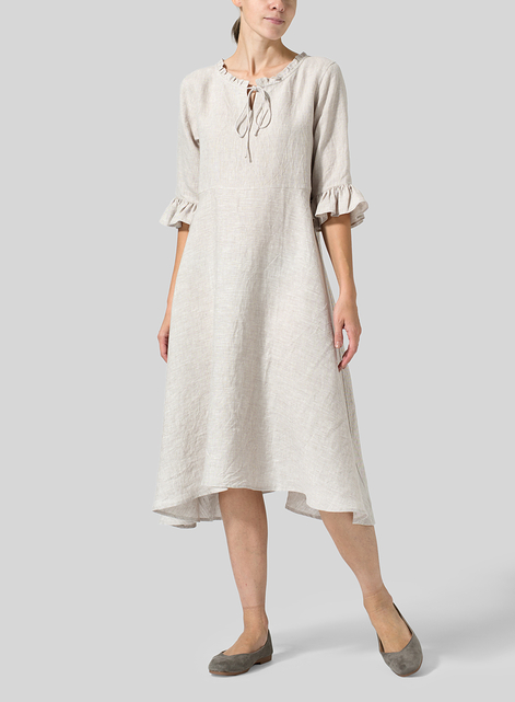 Linen Ruffle Sleeves Long Dress