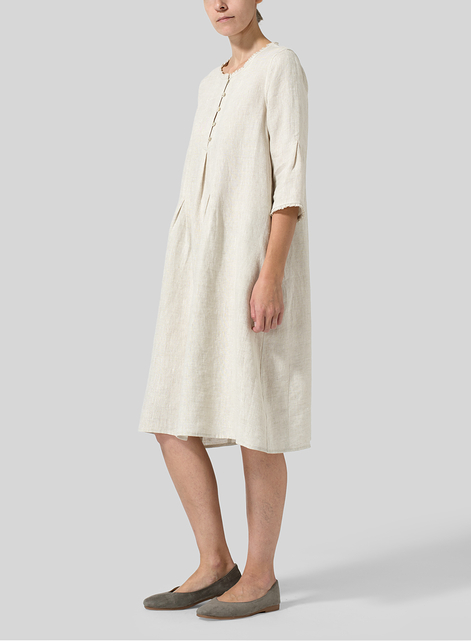 Linen Embroidered Hemline Dress