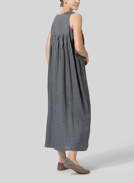 Linen Sleeveless Pleated Maxi Dress