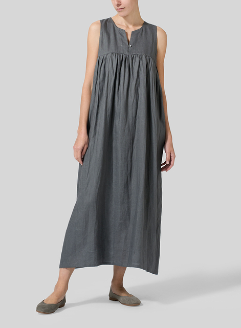 Linen Sleeveless Pleated Maxi Dress