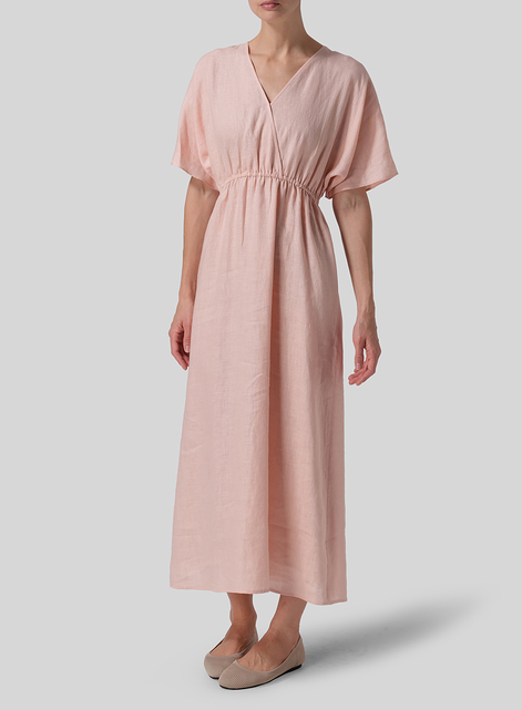 Linen V-Neck Dolman Sleeves Dress