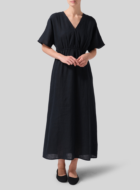 Linen V-Neck Dolman Sleeves Dress