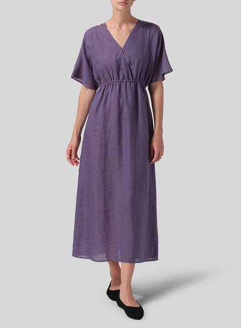 Linen V-Neck Dolman Sleeves Dress