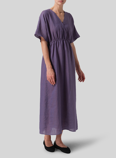 Linen V-Neck Dolman Sleeves Dress