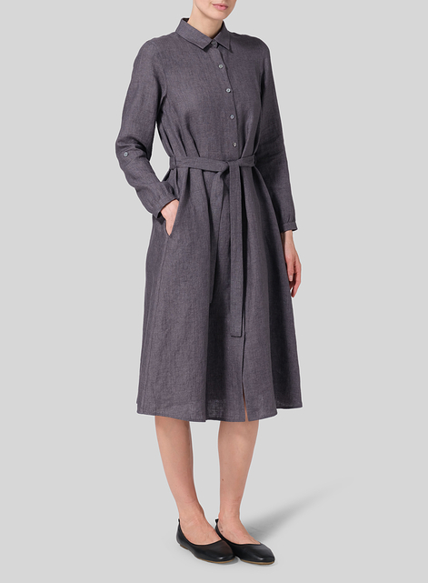 Linen Long-Sleeve Waist-Tie Dress