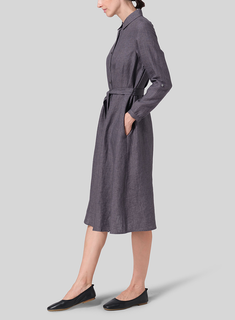 Linen Long-Sleeve Waist-Tie Dress