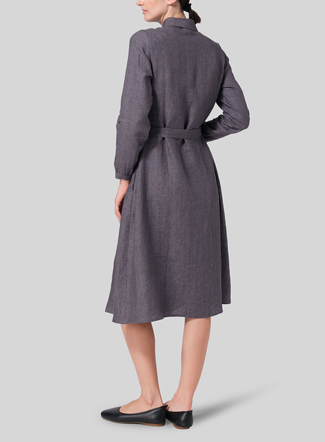 Linen Long-Sleeve Waist-Tie Dress