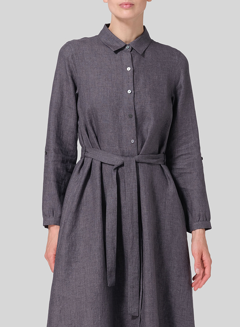 Linen Long-Sleeve Waist-Tie Dress