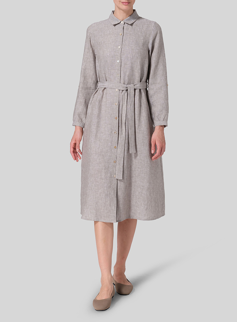 Linen Long-Sleeve Waist-Tie Dress