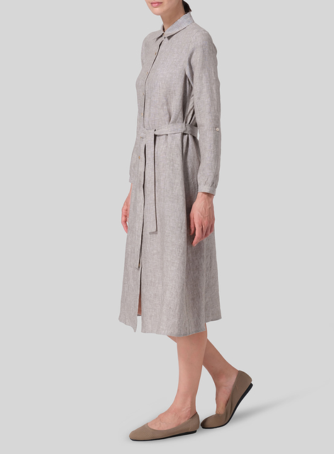 Linen Long-Sleeve Waist-Tie Dress