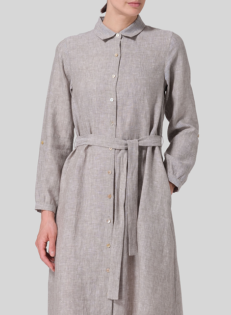 Linen Long-Sleeve Waist-Tie Dress