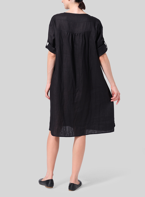 Linen Loose Roll-Tab Sleeve Midi Dress