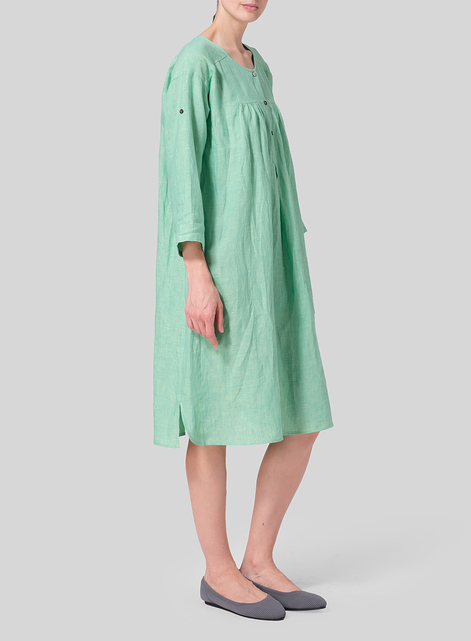 Linen Loose Roll-Tab Sleeve Midi Dress