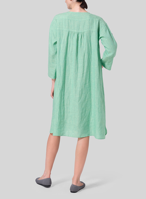 Linen Loose Roll-Tab Sleeve Midi Dress