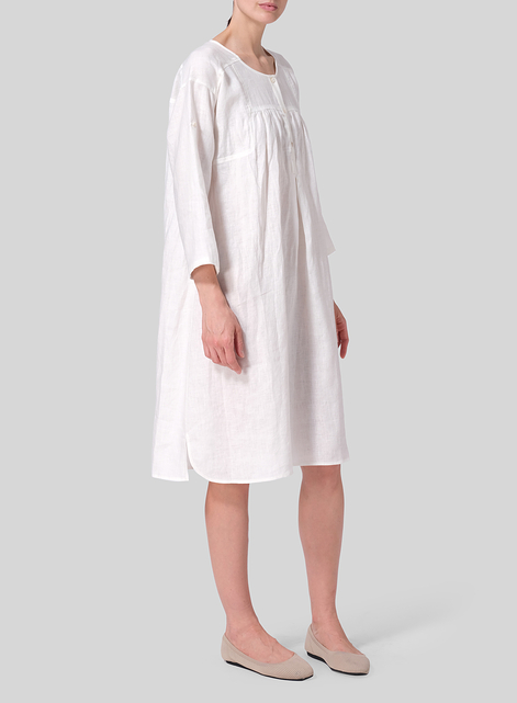 Linen Loose Roll-Tab Sleeve Midi Dress