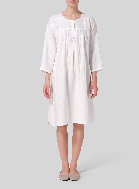 Linen Loose Roll-Tab Sleeve Midi Dress