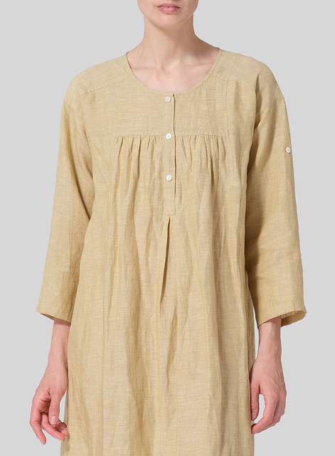 Linen Loose Roll-Tab Sleeve Midi Dress