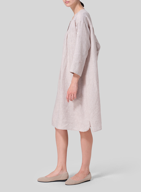 Linen Loose Roll-Tab Sleeve Midi Dress