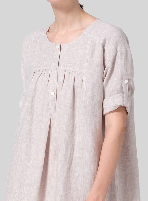 Linen Loose Roll-Tab Sleeve Midi Dress