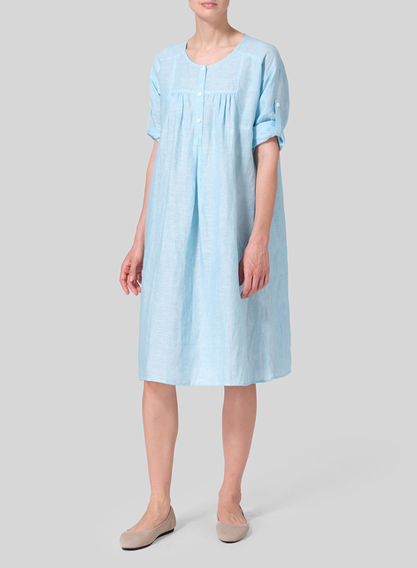 Linen Loose Roll-Tab Sleeve Midi Dress