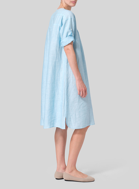 Linen Loose Roll-Tab Sleeve Midi Dress