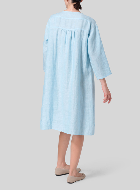 Linen Loose Roll-Tab Sleeve Midi Dress