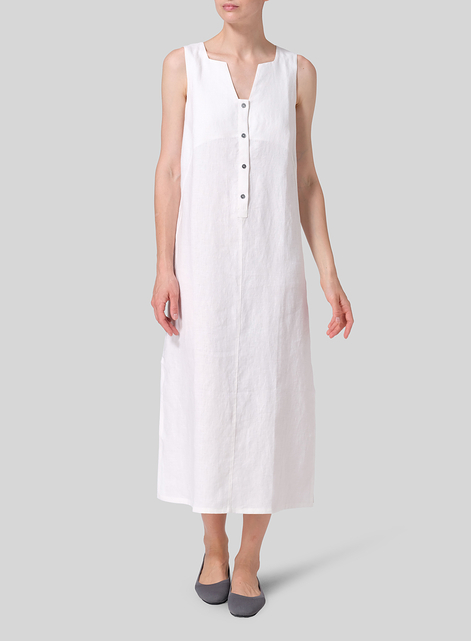 Linen Front Placket Opening Straight Cut Long Dress