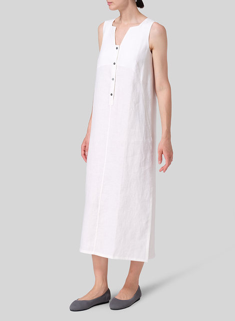 Linen Front Placket Opening Straight Cut Long Dress