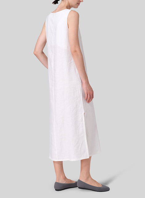 Linen Front Placket Opening Straight Cut Long Dress