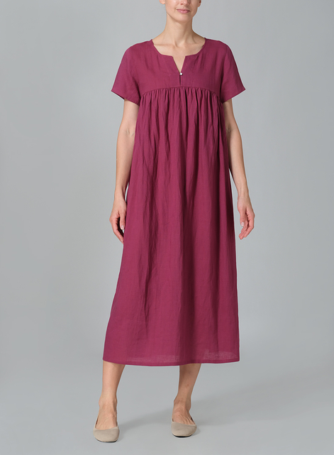 Linen Short Sleeves Pleated Maxi Dress