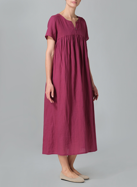 Linen Short Sleeves Pleated Maxi Dress