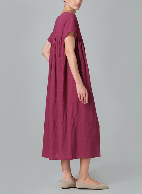 Linen Short Sleeves Pleated Maxi Dress