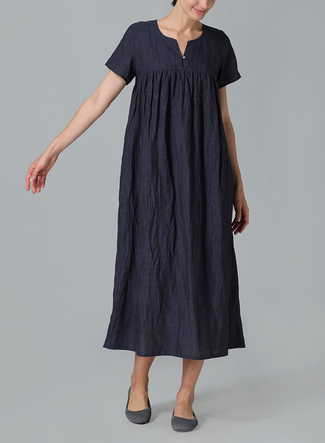 Linen Short Sleeves Pleated Maxi Dress