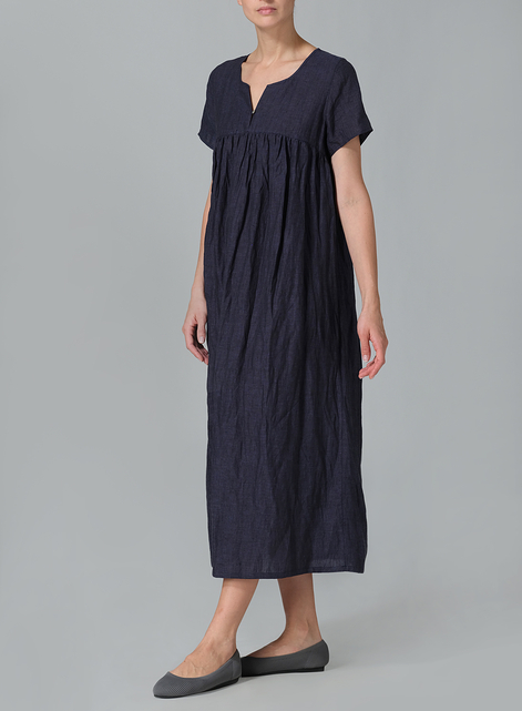 Linen Short Sleeves Pleated Maxi Dress