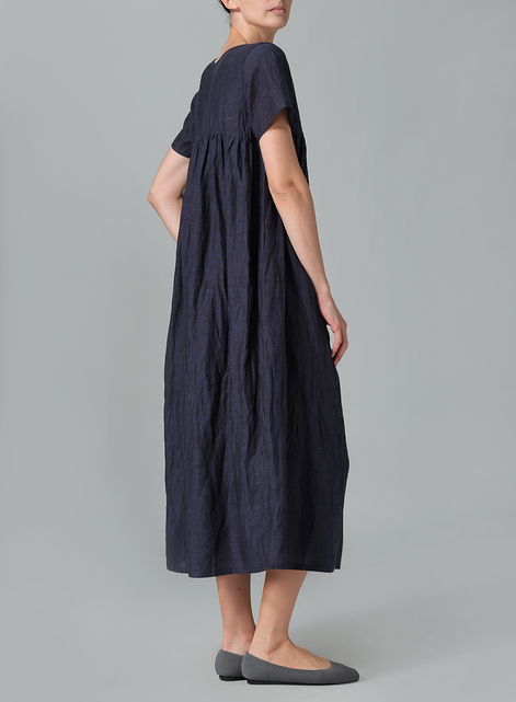 Linen Short Sleeves Pleated Maxi Dress